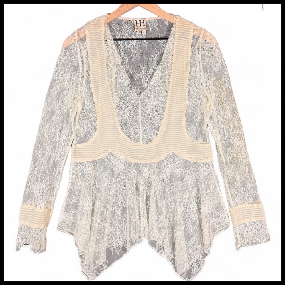 Haute Hippie Ivory Lace Overlay Silk Pintuck Asymmetric Top Boho Luxury Womens M
